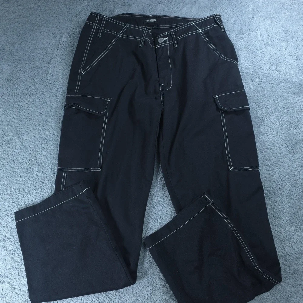 True Religion Cargo Pants Mens 34 Black Contrast Stitch Relaxed Fit Canvas